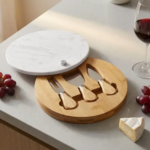 [3034-01] Set Tabla de queso con 3 utensilios de corte Circulo