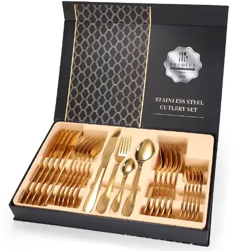 [2869-01] Juego de cubiertos 24 piezas dorado con estuche