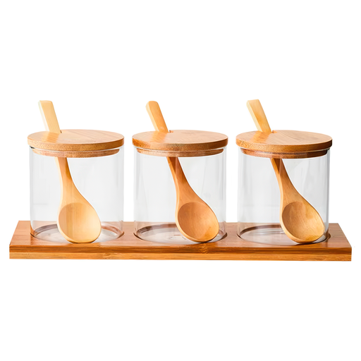 [3110-01] Contenedor x3 plastico con tapa en bambu y cuchara